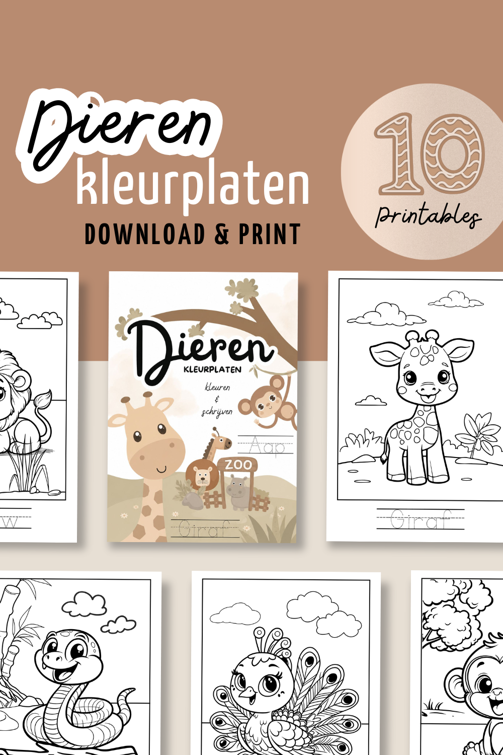 Bundel van 10 kleurplaten dieren met naam: schattige printables om te kleuren & overschrijven (5-8 jaar) | Digitale download